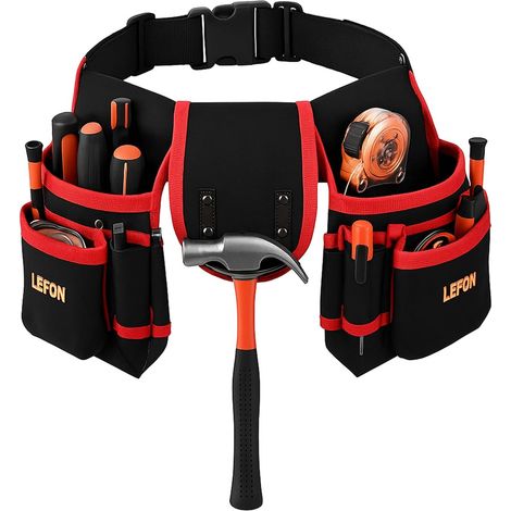 Ceinture porte Outil, Ceinture Outils Bricolage avec 26 Poches, ceinture outils Robuste pour Homme, Sac de Rangement Réglable et Détachable pour électricien Charpentier Construction (Rouge, 1) (1/5)