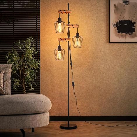 GBLY E27 Stehlampe Vintage Holz Industriell 3 flammig Retro rustikal Wohnzimmer Schlafzimmer Ohne Leuchtmittel (1/5)