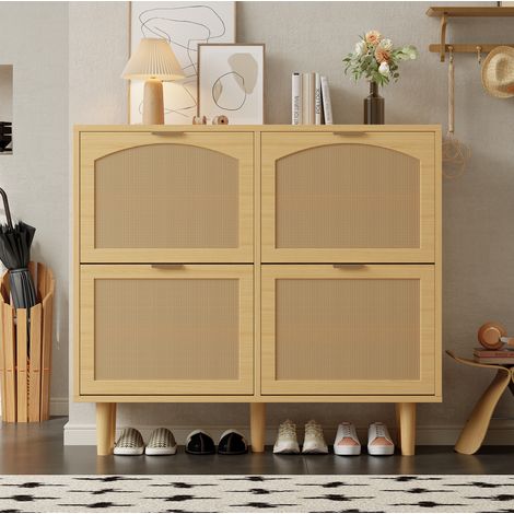 Schuhschrank 100x25x90 cm Eiche hell aus Spanplatte mit Rattangittern, verstellbaren Böden und Holzgriffen (1/5)