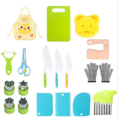 19-piece children's kitchen knife set, safety knife set for cutting fruits or vegetables, serrated knives, cutting boards and other kitchen accessories