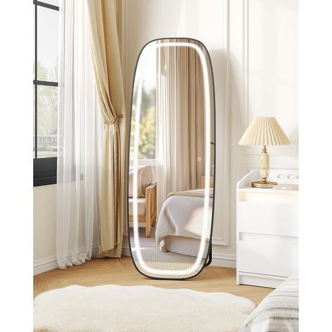 Specchio da terra con luci, LED Specchio da Parete Lungo, Specchio Curvo da Terra con supporto, 3 colori di illuminazione, Adatto per Camera da Letto, Soggiorno, Nero (1/5)