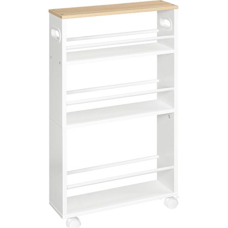 Chariot de Rangement, Desserte de à 4 Niveaux avec Poignée, Desserte Cuisine roulettes avec Freins, avec Bords Rehaussés, Fin, pour Cuisine, Salle de Bain, Blanc et Couleur Bois (1/5)