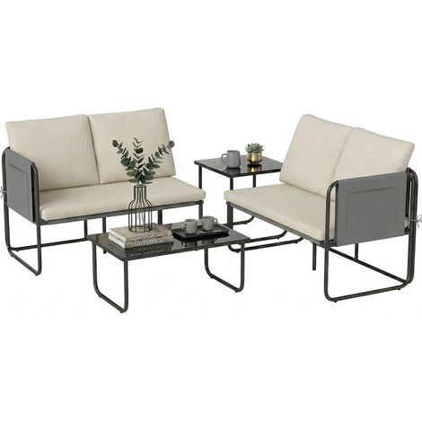 Ensemble de jardin 4 pièces comprenant 2 canapés 2 places, 2 tables en verre, coussins, housses amovibles et poches, kaki (1/5)