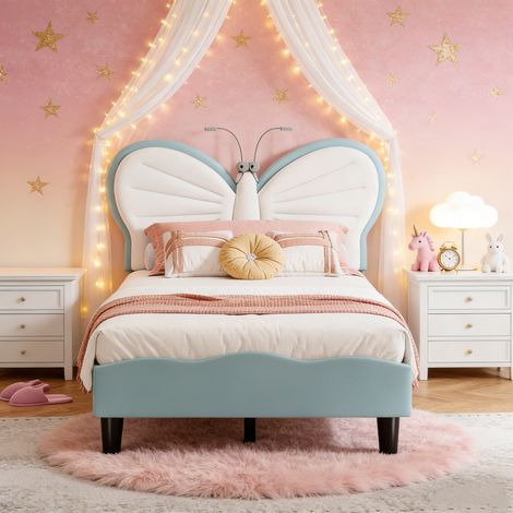 Lit Enfant Rembourré 90x200, Lit 1 Personne avec LED, Lit Fille Princesse 90x200 avec Sommier à Lattes, Réglable en Hauteur, Velours, Bleu (1/5)