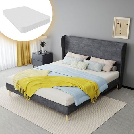 Lit Double 160 x 200 cm tête de lit rembourrée finition grise base profil bas mobilier de multifonctionnel matelas inclus (1/5)