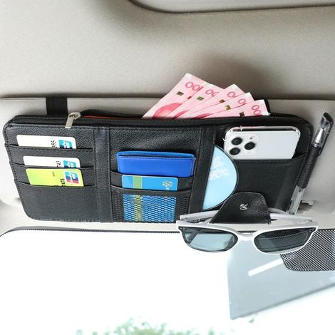 (Noir) Pare-soleil de voiture avec porte-cartes de visite, porte-stylo et porte-CD/DVD, boîte de rangement avec clip pour lunettes de soleil et fermeture éclair. (1/5)