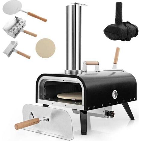Four à pizza extérieur en acier inoxydable avec pierre rotative 30 cm, thermomètre et housse pour jardin, terrasse et camping (1/2)