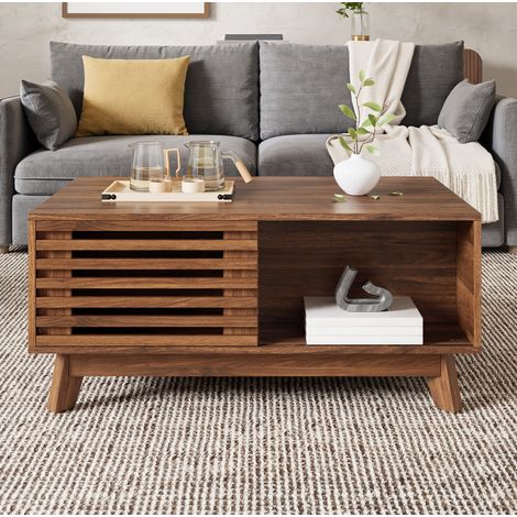 Table basse relevable 90x55x57.5 cm walnut en MDF avec porte coulissante et rangement (1/5)