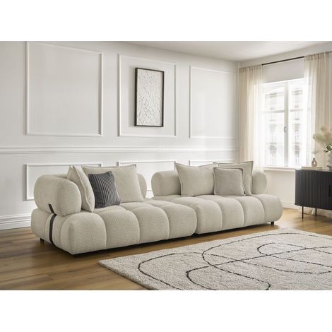 Bobochic – Canapé droit fixe 4 places – Tissu bouclette beige – Confort moelleux – Structure bois et panneaux de particules – Fabrication Europe (1/5)