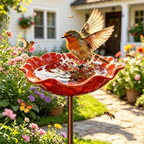Mangeoire et Bain d'oiseaux Extérieur en Métal – Abreuvoir en Forme de Fleur sur Tige pour Jardin, Alimentation en Eau pour Oiseaux et Abeilles, Hauteur 60 cm (Rouge-1 PC) (1/5)