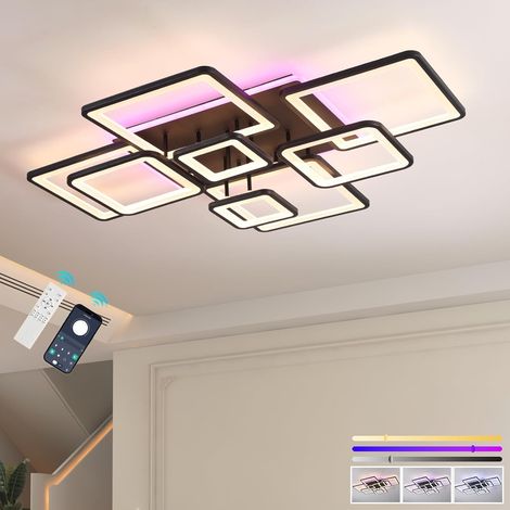 Plafonnier LED 100W, 8 Carrés Design Moderne Noir, 6000lm Grand luminaire 100x80cm, dimmable 3000-6000K, ambiance RGB, APP et télécommande pour salon, salle à manger, chambre (1/5)