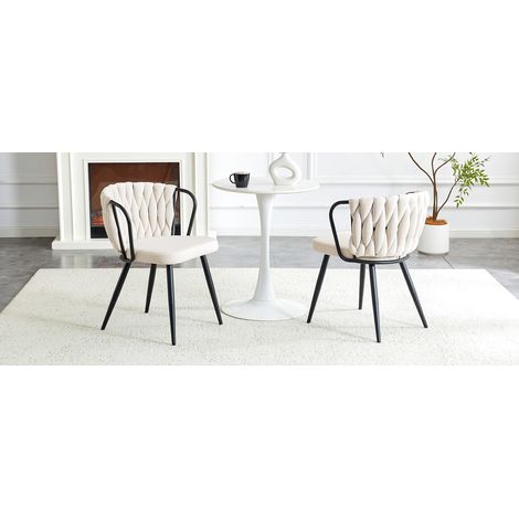 Chaise de salle à manger en velours, fauteuil moderne avec dossier tressé et pieds métalliques noirs mats, siège ergonomique pour salon, cuisine et salle à manger, beige-noir (1/5)