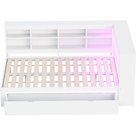 Lit double en bois massif 140x200 avec tiroirs, étagères et port USB. Lit blanc avec éclairage LED pour chambre moderne. (1/5)