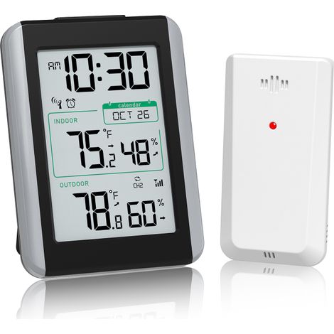 Uhr, Innen-/Außenthermometer und Hygrometer, 4-stellige Zeitanzeige, 1 Sensor im Lieferumfang enthalten, Anzeige für niedrigen Batteriestand