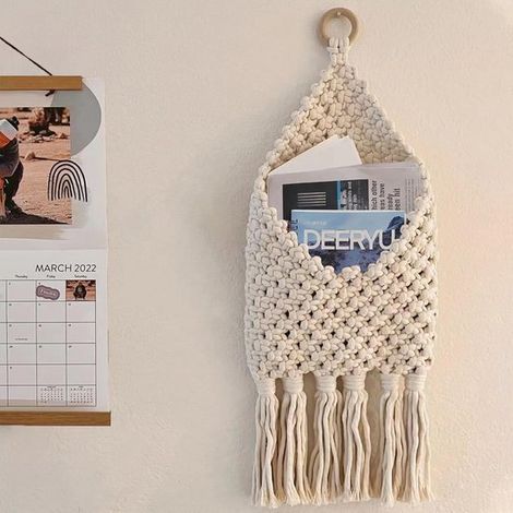 Portadocumenti da parete intrecciato a mano,cestino decorativo in stile bohémien per la casa o l'ufficio,organizer per chiavi,colore bianco (1/5)