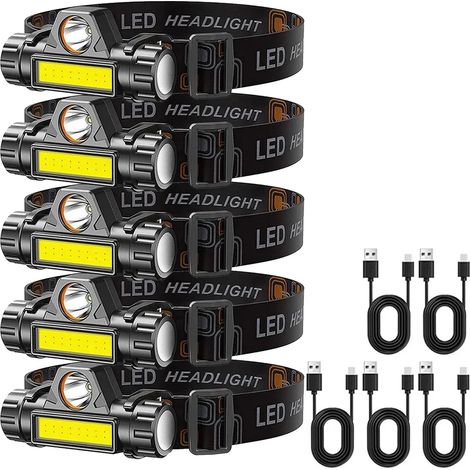 (5 pièces) Lampe frontale LED COB rechargeable, magnétique, puissante et ultra-lumineuse, étanche, idéale pour la pêche en extérieur. (1/5)