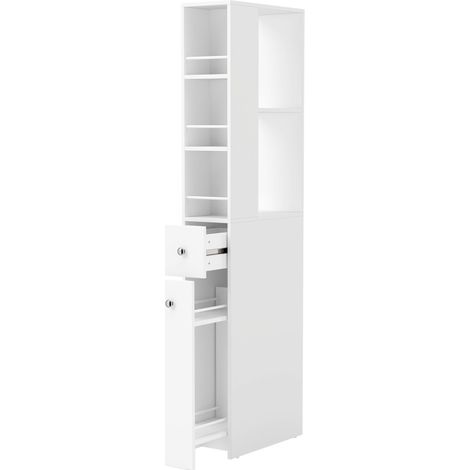 Armario de baño estrecho de MDF 40 x 18 x 135 cm con 2 cajones y estantes laterales blanco MODENUIT (1/5)