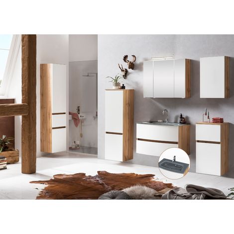 Badmöbel Komplettset LAURIA-03 in Wotaneiche Nb. mit matt weiß, Glasbecken grau, BxHxT: ca. 200x200x49 cm (1/5)