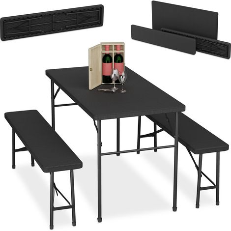Relaxdays Bierzeltgarnitur klappbar, 3-tlg Bierbank Set mit großem Tisch, Garten, Festzeltgarnitur, Rattanoptik, schwarz
