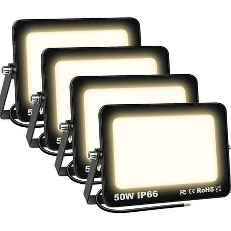 4 Pièces 50W Projecteurs LED Extérieur,5000lm Eclairage de Sécurité Spot LED Extérieur,Blanc Chaud 4000K Lumineuse Lampe pour Entrepôt Garage Jardin Stade Arrière-cour,175V-260V Imperméable
