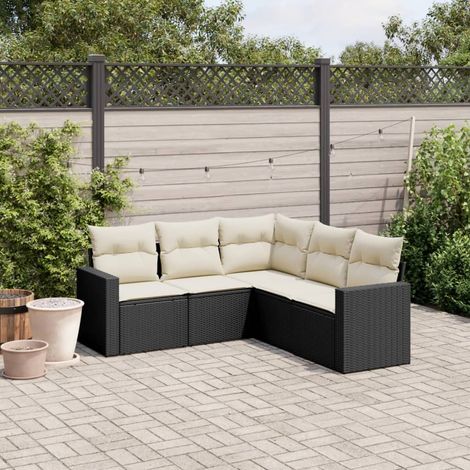 Ensemble Salon Jardin 5 Places Noir Résine Tressée avec Coussins Crème - Canapé d'Angle Modulaire (1/4)