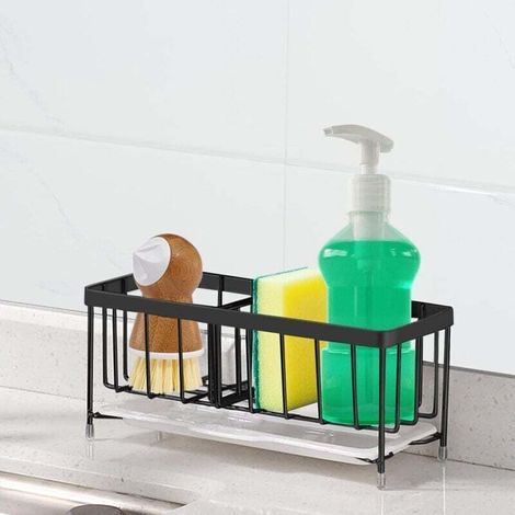 (Black) Sink sponge holder, sink organizer made of 304 stainless steel, draining tray, soap dish, adjustable hanging device (1/4)