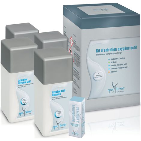 Bayrol – Kit de traitement à l'oxygène actif pour spa – 5 produits essentiels – Désinfection sans odeur – 50 bandelettes d'analyse 5 en 1