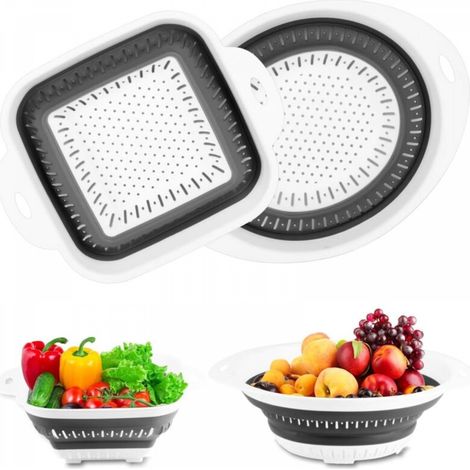 2 Pcs Passoire Pliable Silicone, Passoire de Cuisine, Passoire Cuisine Pliable, Filtres Colander Panier de Lavage de Silicone Pliable avec Poignées pour égoutter Légumes Fruits Pâtes (Ovale + Carré) (1/5)