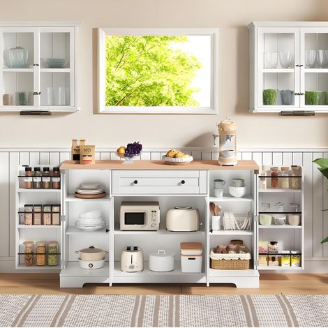Credenza 138x40x85 cm in pannelli di legno bianco e naturale, con contenitore per cucina FloraGrace (1/5)