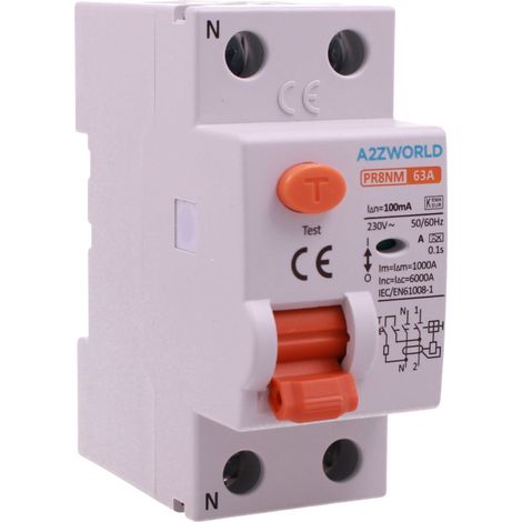 RCCB Interruttore Differenziale Puro Tipo A 1P+N 2M 6000A 100mA 0.1A AC 230V IP20 IEC61008-1 PR8NM, Corrente Disponibili 25A 40A 63A (63A) (1/3)