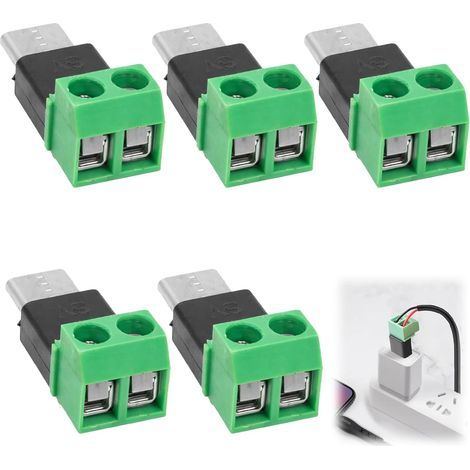 Lot de 5 connecteurs USB C à souder - Adaptateur de type C vers 2 broches - Bornes sans soudure pour 5 V 3 A - Compatible avec tablettes, appareils photo, jouets (1/5)