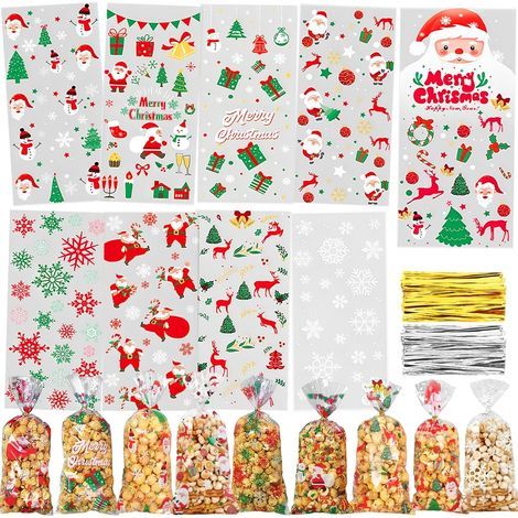 Lot de 120 sacs à biscuits de Noël, 10 styles de sacs à biscuits, sacs cadeaux de Noël, sacs à remplir, sacs en cellophane, sacs à bonbons avec cravates torsadées (1/5)