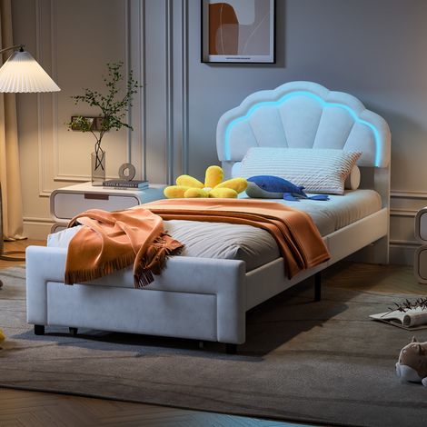 Lit enfant 90x200cm – Lit simple – Tête de lit nuage – Éclairage LED – Idéal pour chambre enfant - Sommier à lattes – Velours (1/5)