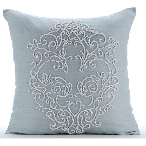 Taie d'oreiller de style européen, 66 x 66 cm, en soie bleu clair imprimée à la française et à motif brocart, ornée de perles de style victorien, convient aux oreillers de taille européenne.