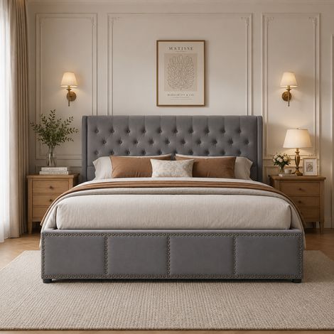 Lit coffre hydraulique en velours gris 140x190 cm, sommier relevable avec rangement, tête de lit cloutée, sans matelas, mécanisme à levier (1/5)