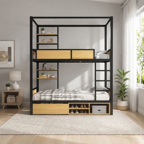 Letto a castello 204x95x230 cm, con scaletta, vani contenitori e ripiani laterali, metallo e MDF, nero e naturale (1/5)