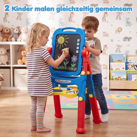 Chevalet enfant bleu 4-en-1 avec hauteur réglable, tableau double face pivotant et accessoires pour chambre, école et salle de jeux (1/5)