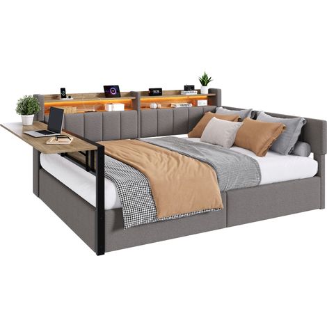 Lit de jour 140x200 cm rembourré velours gris avec rangement hydraulique, éclairage LED, table pliante et port USB (1/5)