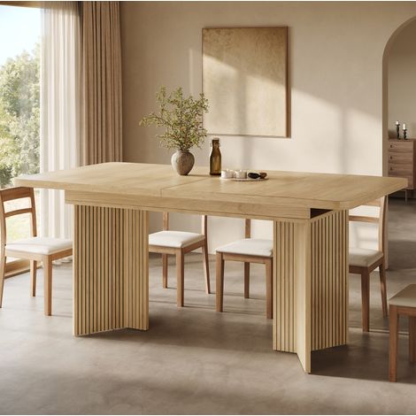 Tavolo da pranzo allungabile 120x80x76.1 cm, piano estensibile, gambe a V scanalate, MDF effetto legno (1/5)