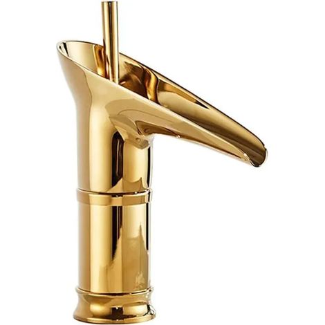 Robinet de lavabo cascade à poignée unique, montage sur plan, vasque monotrou, eau chaude et froide, finition or (1/4)