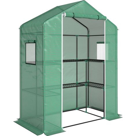 Serre de jardin avec 1 porte, 2 fenêtres et 2 étagères en U pour légumes, plantes et fleurs, bâche PE 140x73x190 cm (1/5)