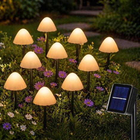 Lot de 10 lampes solaires en forme de champignon (3.5 m de longueur éclairée) avec panneau extérieur 20 cm de hauteur, LED blanc chaud, capuchons perlés, fonction extérieure résistante (1/5)