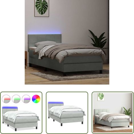 vidaXL LED-Leuchten - Boxspringbett mit Matratze & LED Hellgrau 80x210 cm Samt (1/5)