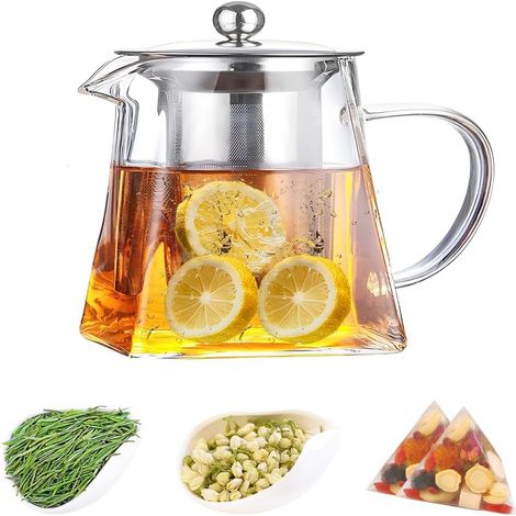 Théière en Verre, Théière avec Filtre Infuseur en Acier Inoxydable, Bouilloire à Thé Carrée en Verre Borosilicate Transparent pour Bureau à Domicile(350ml/11.8oz) (1/5)