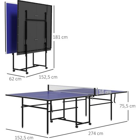 Table de tennis, table de ping-pong pliante en quart avec roulettes, kit de jeu comprenant 2 raquettes et 3 balles, acier extérieur intérieur, bleu, 274 x 152,5 x 75,5 cm (1/5)