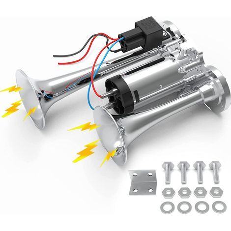 Air Horn 12V 150dB Super Loud Dual Electric Air Hose for All Vehicles, Trucks, Trains, Boats, Cars, Vans, Motorcycles, Chrome, Zinc, Silver (1/5)