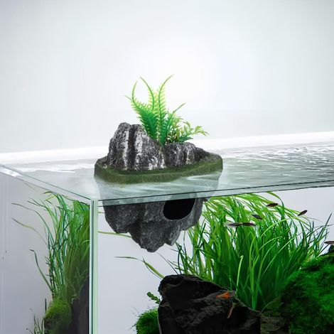 Décoration Flottante pour Aquarium Île Rocheuse Magnétique avec Plante Artificielle et Grotte de Cachette pour Poissons et Tortues