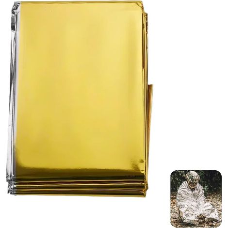 Couverture de Survie Premium Double Face Or/Argent - Lot de 5, Protection Optimale contre le Froid et la Chaleur, Idéale pour Randonnée, Urgences et Premiers Secours, Dimensions 210 x 160 cm (1/5)