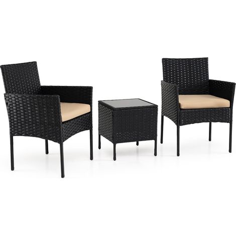 3-teiliges Rattan-Gartenmöbelset mit Kissen und Glastisch
