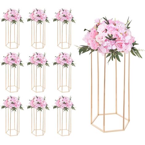 Support de Fleurs de Mariage, Lot de 10, 60 cm, Colonne Florale Hexagonale, Rack d'Exposition avec Lame en Acrylique, Doré Français (1/5)
